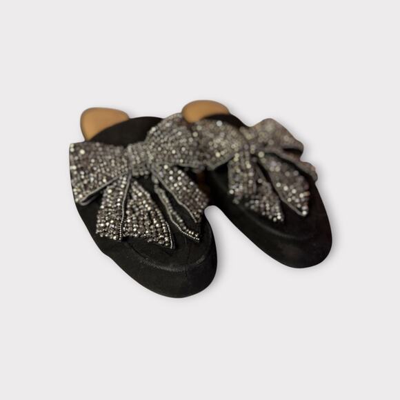 Black Rhinestone Bow Mules – Sparkly Slip-On Flats | Size 8 Velvet & Glam Look - Picture 3 of 7